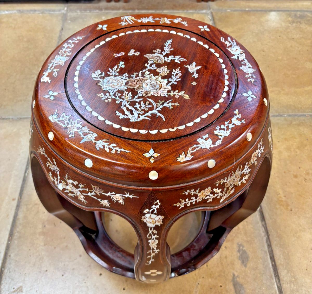 Antique Chinese Rosewood & Mother Of Pearl Drum Stool photo for sale