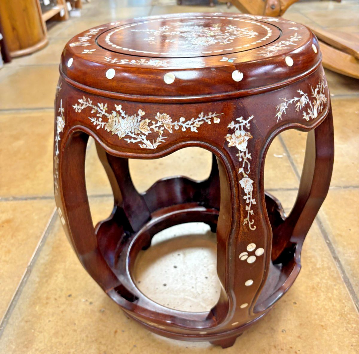 Antique Chinese Rosewood & Mother Of Pearl Drum Stool photo vinterior