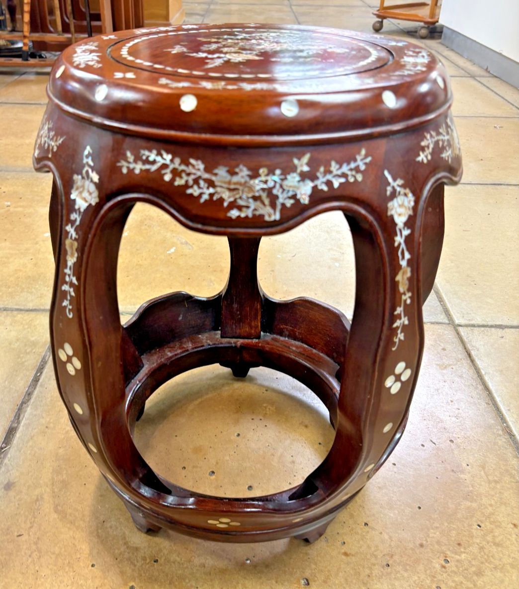 Antique Chinese Rosewood & Mother Of Pearl Drum Stool photo vintage