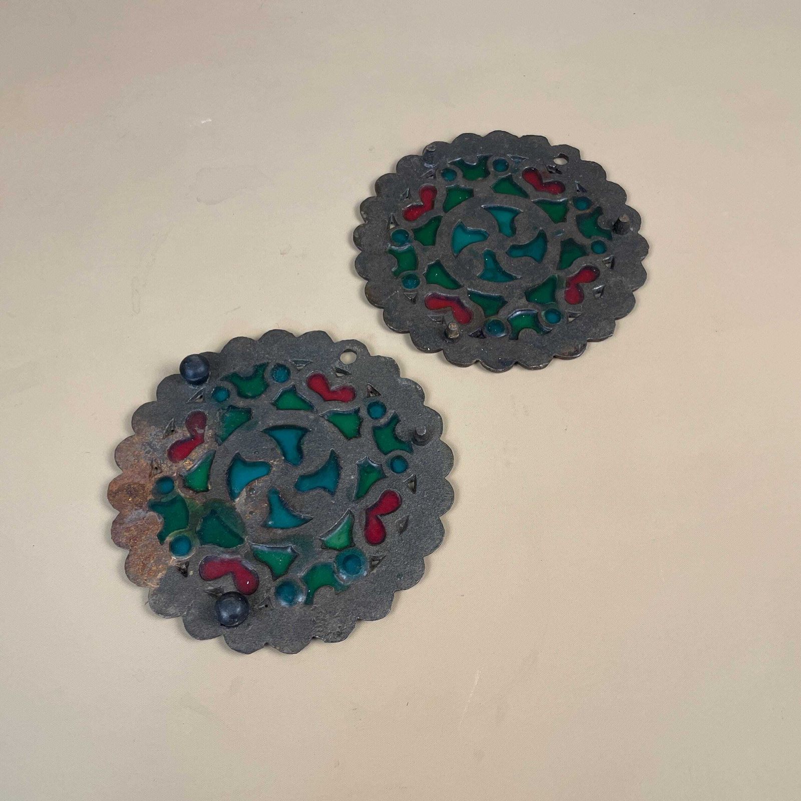 Metal Glass Trivet Pair Moroccan Style Coasters Plant Stand Heat Or Candle Mat Placemat Decorative Boho Table Decor Vintage Rustic photo vinterior