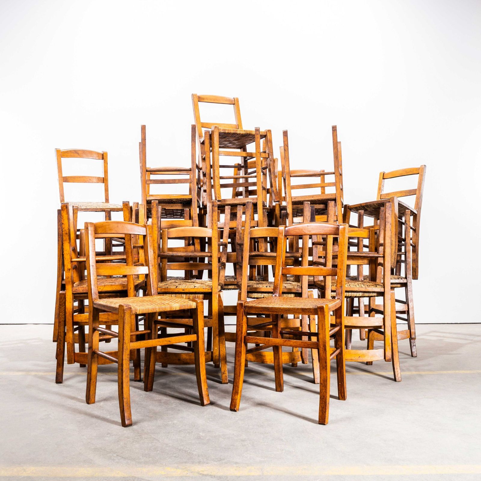 1950’s Original French Farmhouse Dining Chairs With Woven Seat