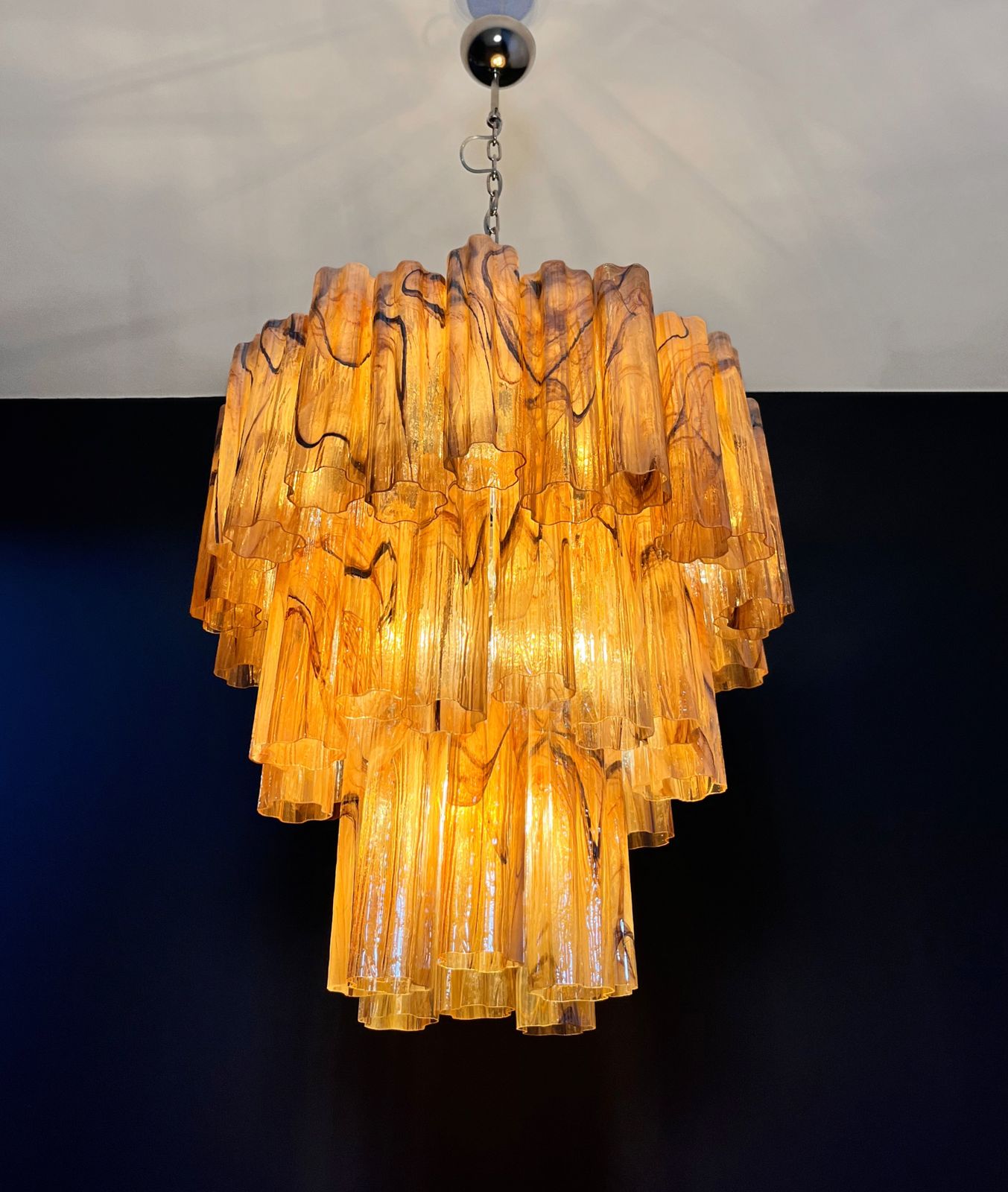 Large Three Tier Murano Glass Tube Chandelier   Amber Black Albaster photo for sale