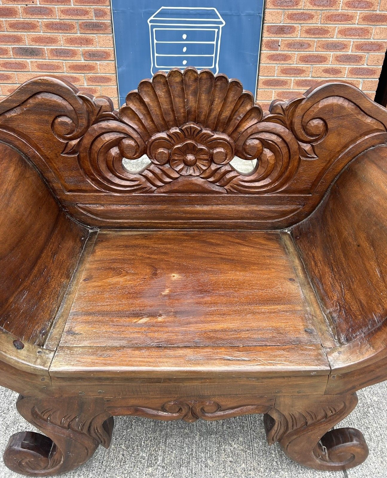 Vintage Solid Hardwood Balinese Carved Splay Arm Settle Hall Bench Seat photo Furniture
