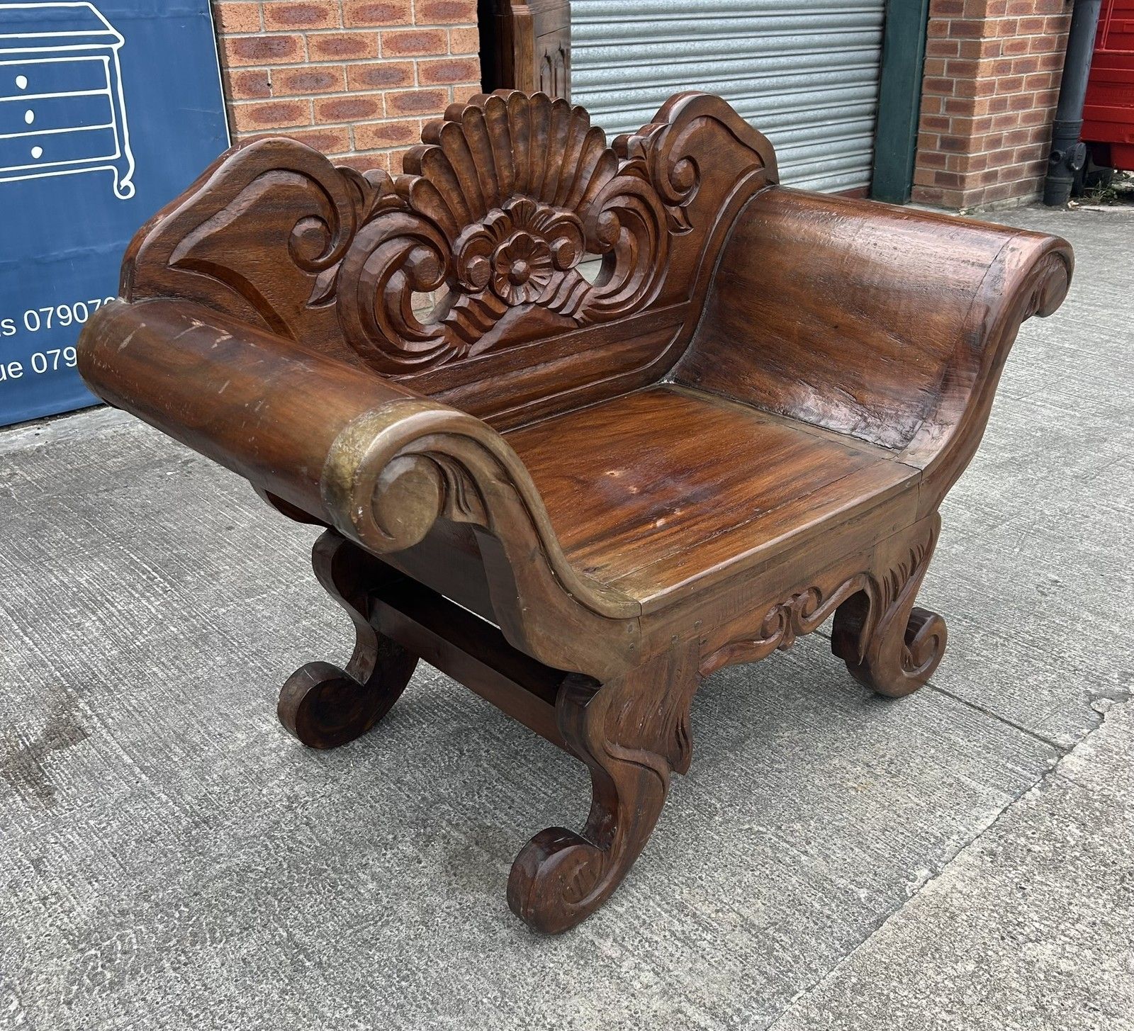 Vintage Solid Hardwood Balinese Carved Splay Arm Settle Hall Bench Seat photo 165.0