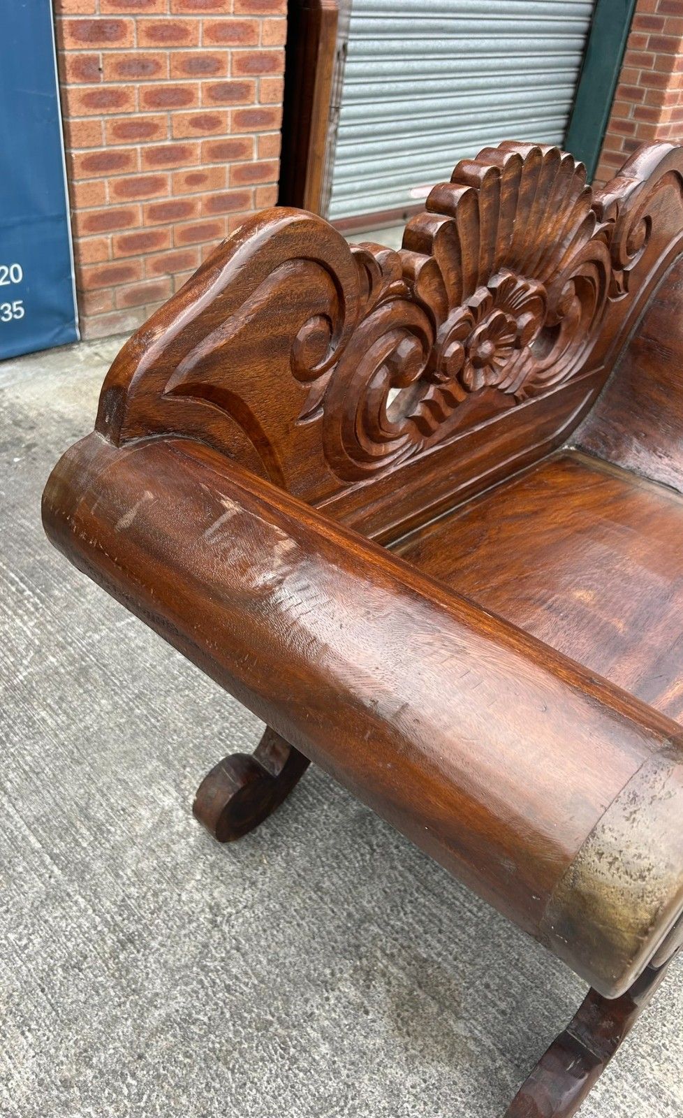 Vintage Solid Hardwood Balinese Carved Splay Arm Settle Hall Bench Seat photo vinterior