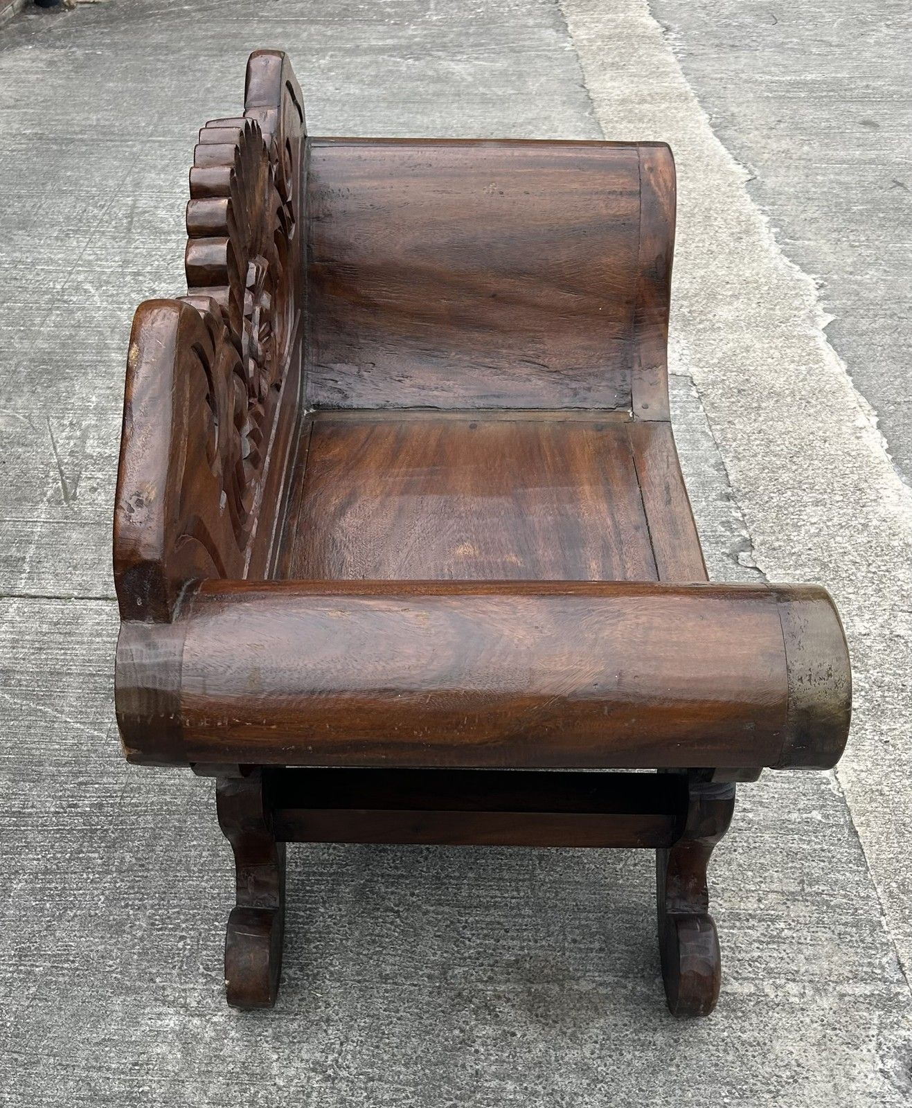 Vintage Solid Hardwood Balinese Carved Splay Arm Settle Hall Bench Seat photo buy