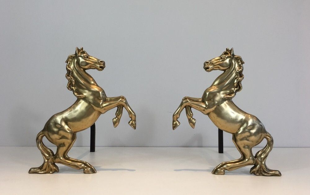 Pair Of Brass Horses Andirons. French. Circa 1970 photo for sale