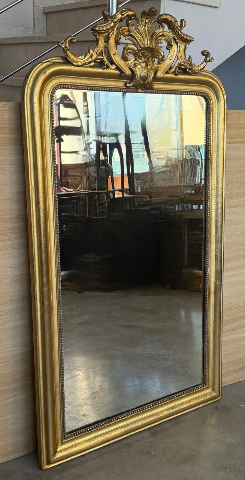 French 19th Century Large Vertical Gold Gilt Mirror With Floral Crest photo Home Decor