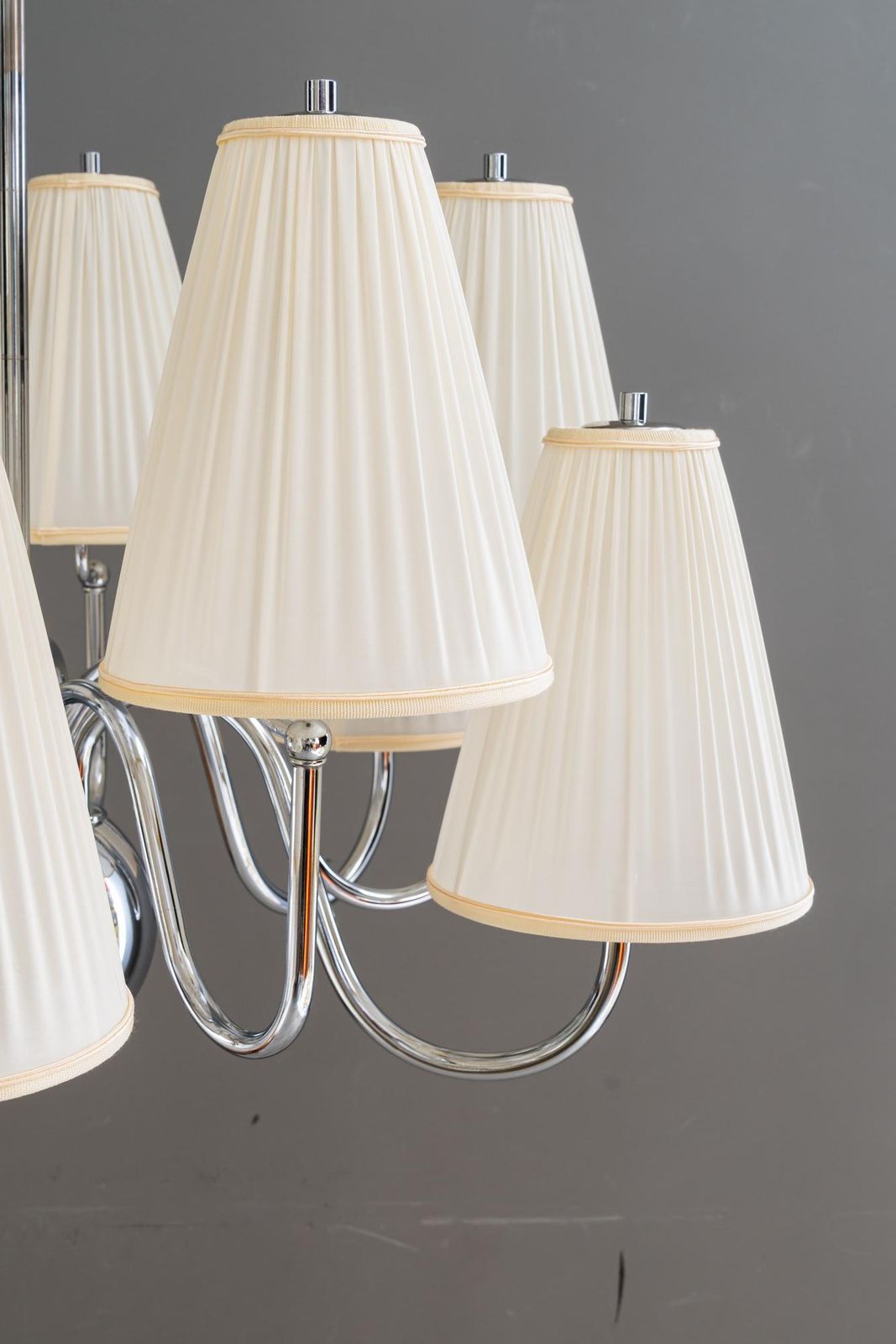 Big Art Deco Chrome Chandelier With Fabric Shades Around 1920 photo for sale