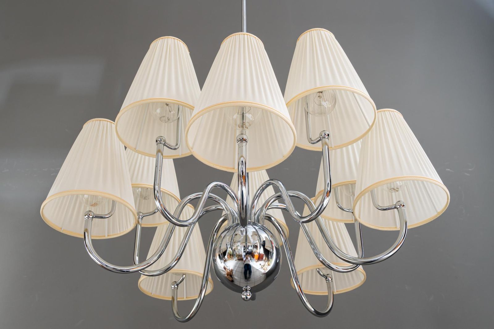 Big Art Deco Chrome Chandelier With Fabric Shades Around 1920 photo buy