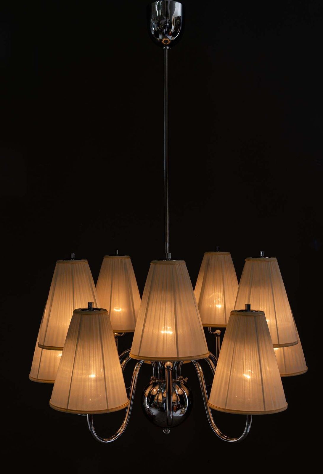 photo furniture Big Art Deco Chrome Chandelier With Fabric Shades Around 1920
