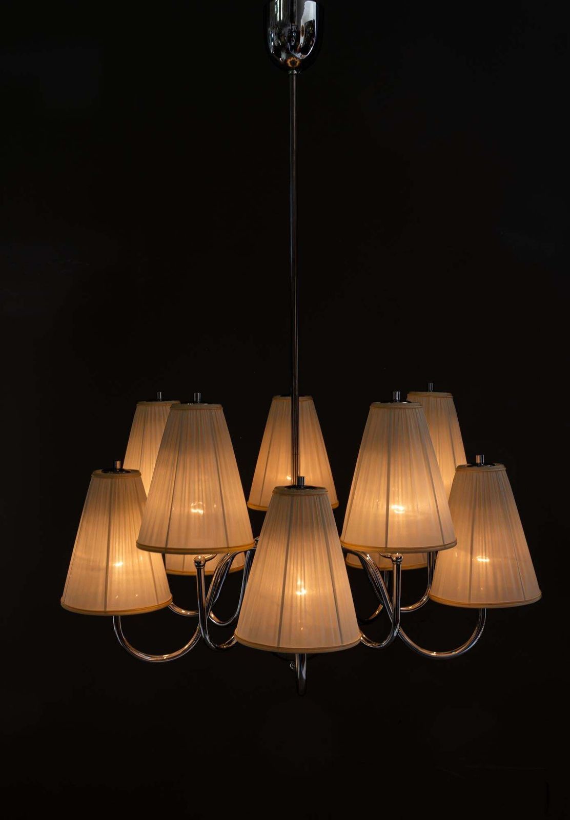 photo vinterior Big Art Deco Chrome Chandelier With Fabric Shades Around 1920