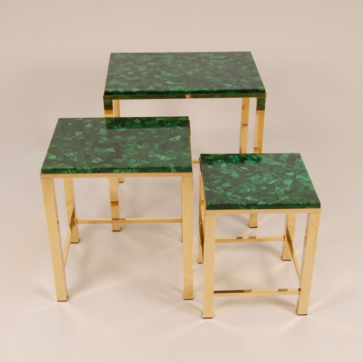 Mid Century Modern Nesting Tables In Malachite And Gold Gilt Brass, 1970s, Set Of 3