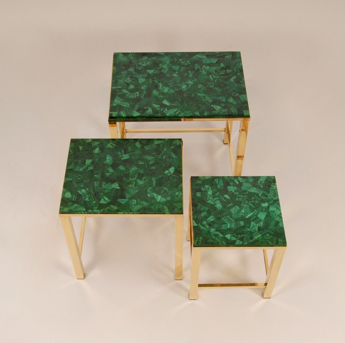 Mid Century Modern Nesting Tables In Malachite And Gold Gilt Brass, 1970s, Set Of 3 photo Furniture