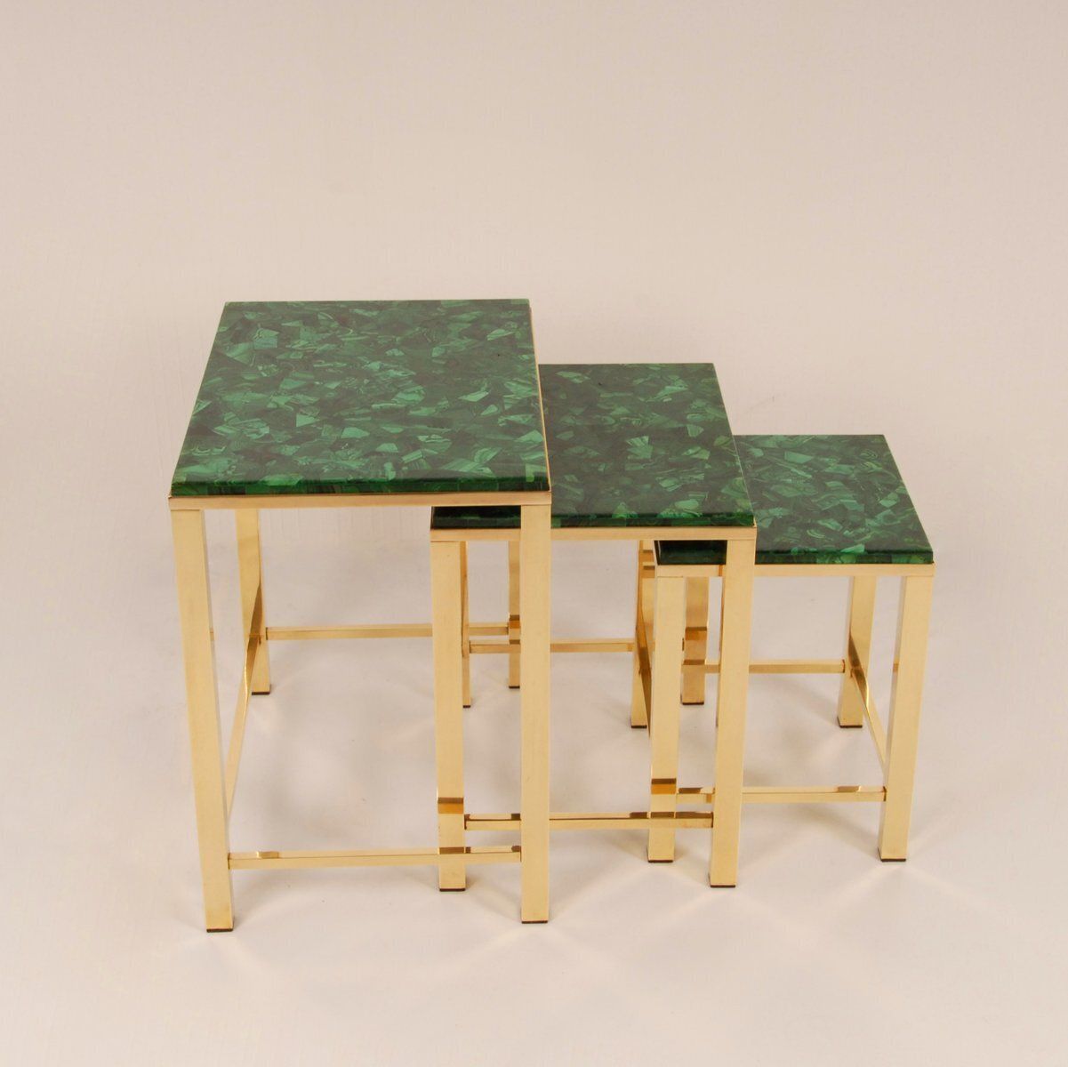 photo furniture Mid Century Modern Nesting Tables In Malachite And Gold Gilt Brass, 1970s, Set Of 3