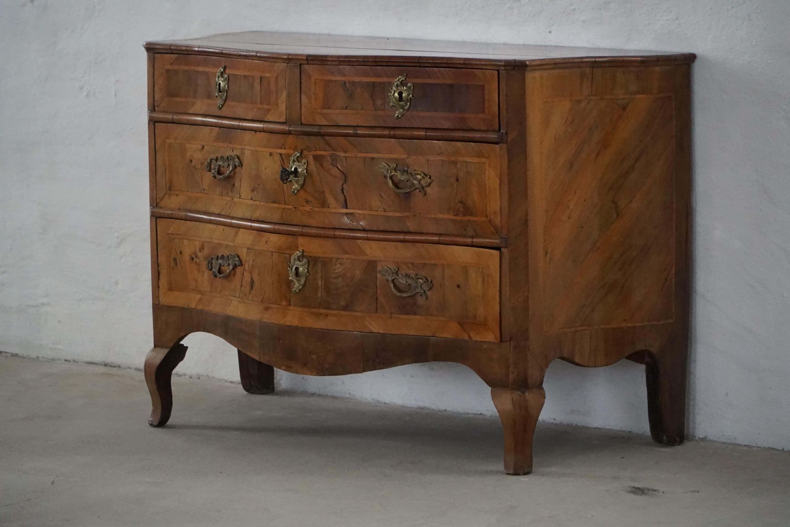 Furniture 18th Century, Antique Serpentine Front Danish Baroque Walnut Chest Of Drawers photo