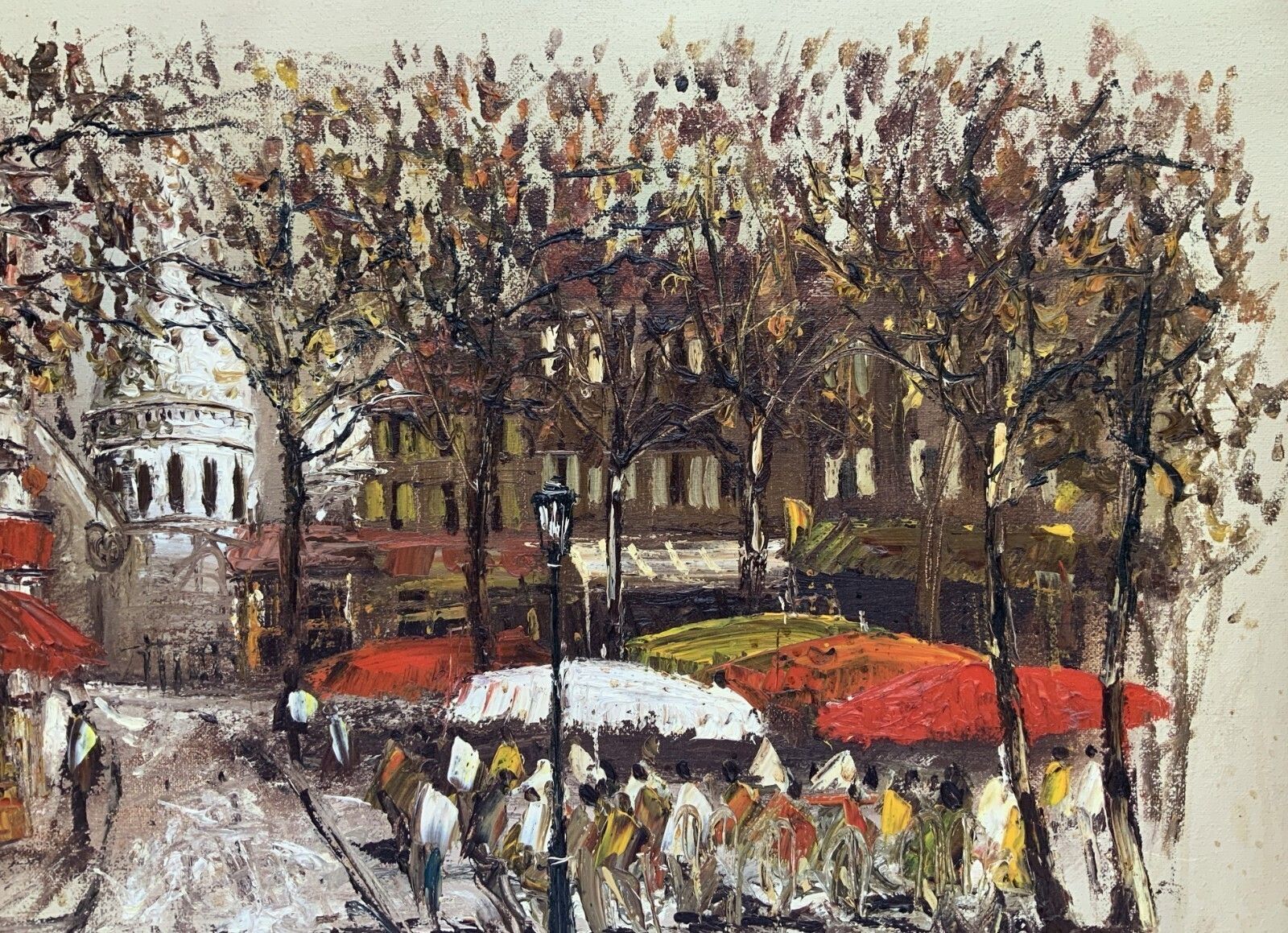 Parisian Market Day Large, Superb Cityscape Impasto & Oil On Canvas Painting photo for sale