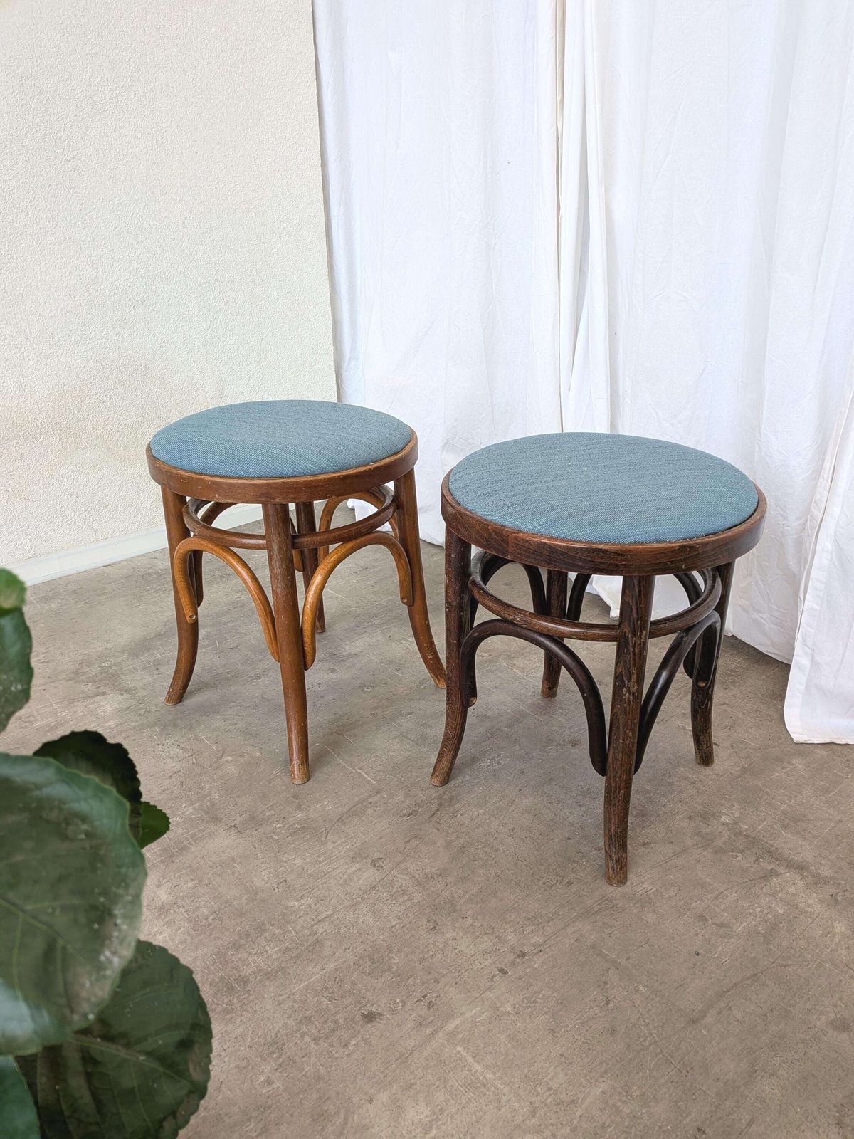 Pair Of Vintage Bentwood Stools / Thonet Style / Upholstered Seat In Blue / 1970s