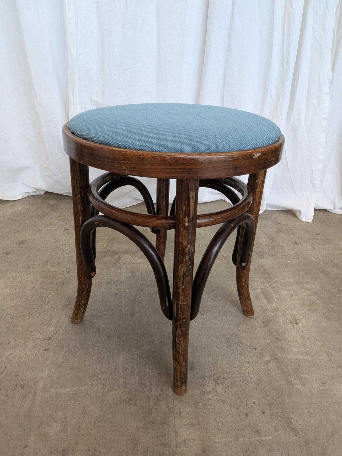 Pair Of Vintage Bentwood Stools / Thonet Style / Upholstered Seat In Blue / 1970s photo Furniture