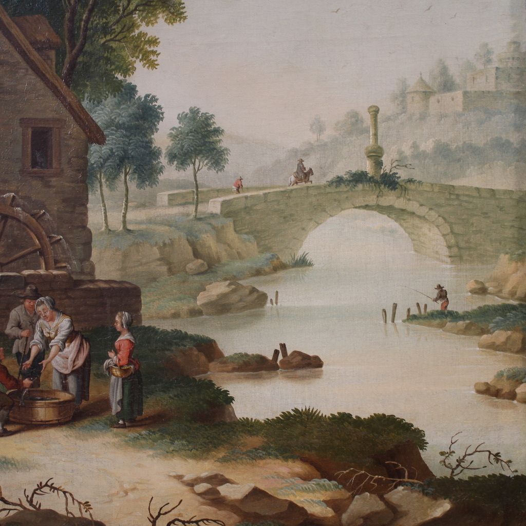 photo furniture Great 18th Century Italian Painting, Countryside Landscape With Genre Scene