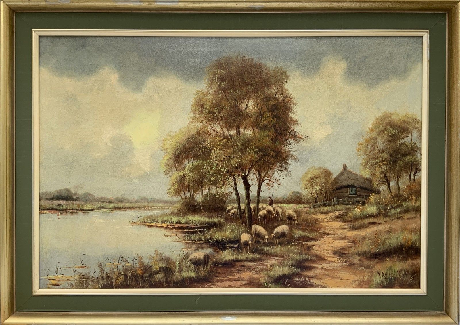 Large British School Vintage Mid Century Autumn Farming Landscape Oil Painting