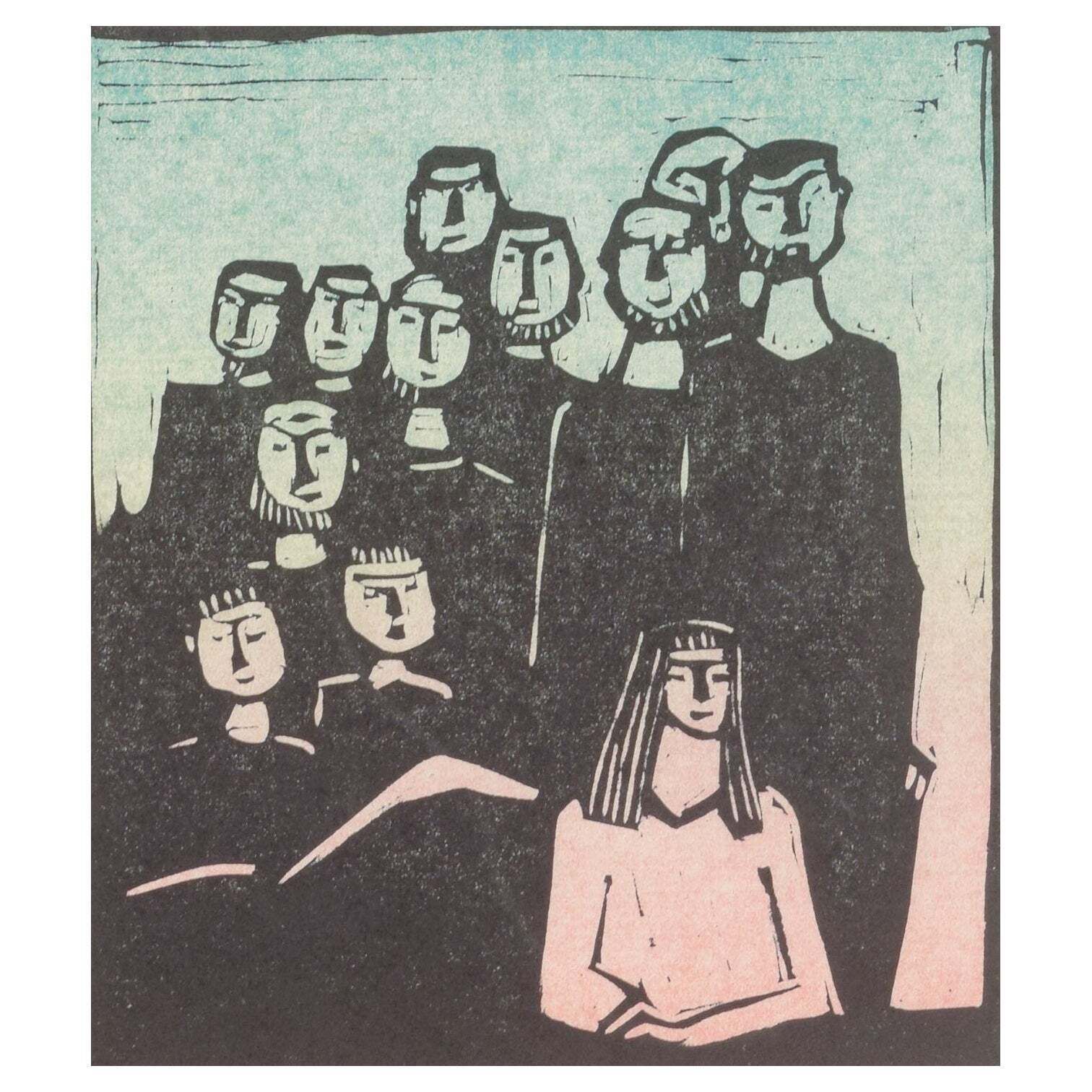 åke Holm. Woodcut With Group Figures. Color Print In Black, Pink, And Blue Tones