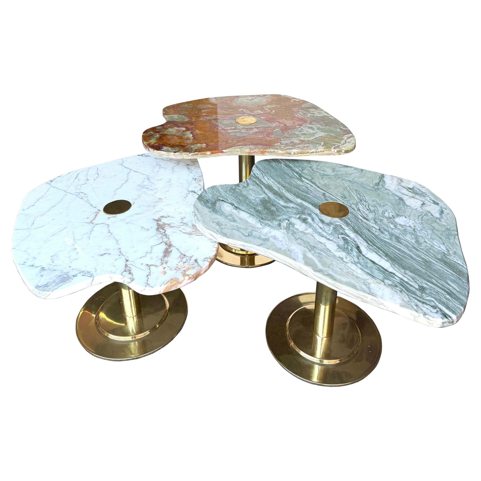 Contemporary Set Of 3 Brass And Marble Nesting Tables, Italy