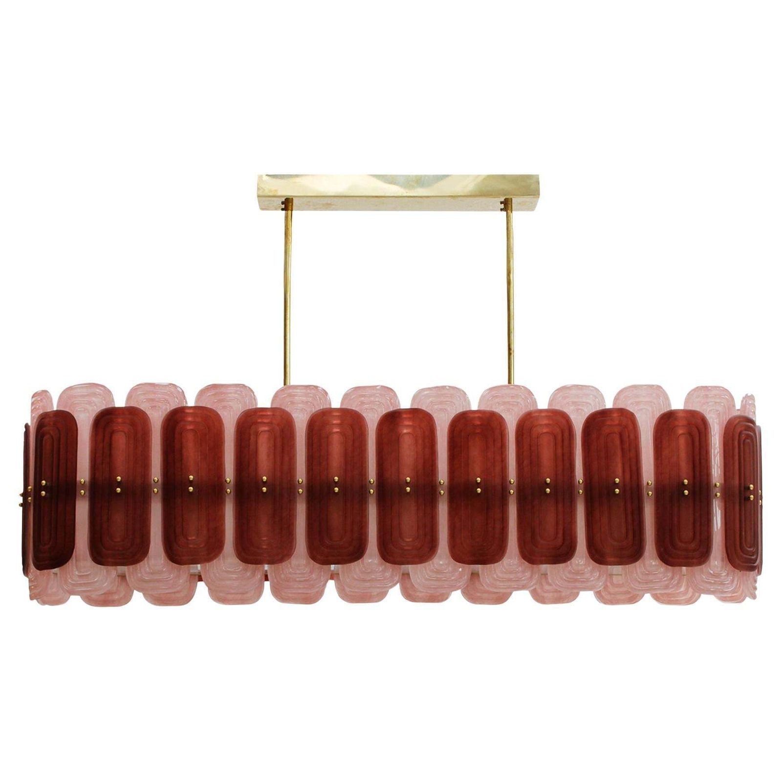 Italian Suspension Lamp With Gold Metal Structure And Red And Pink Murano Glass