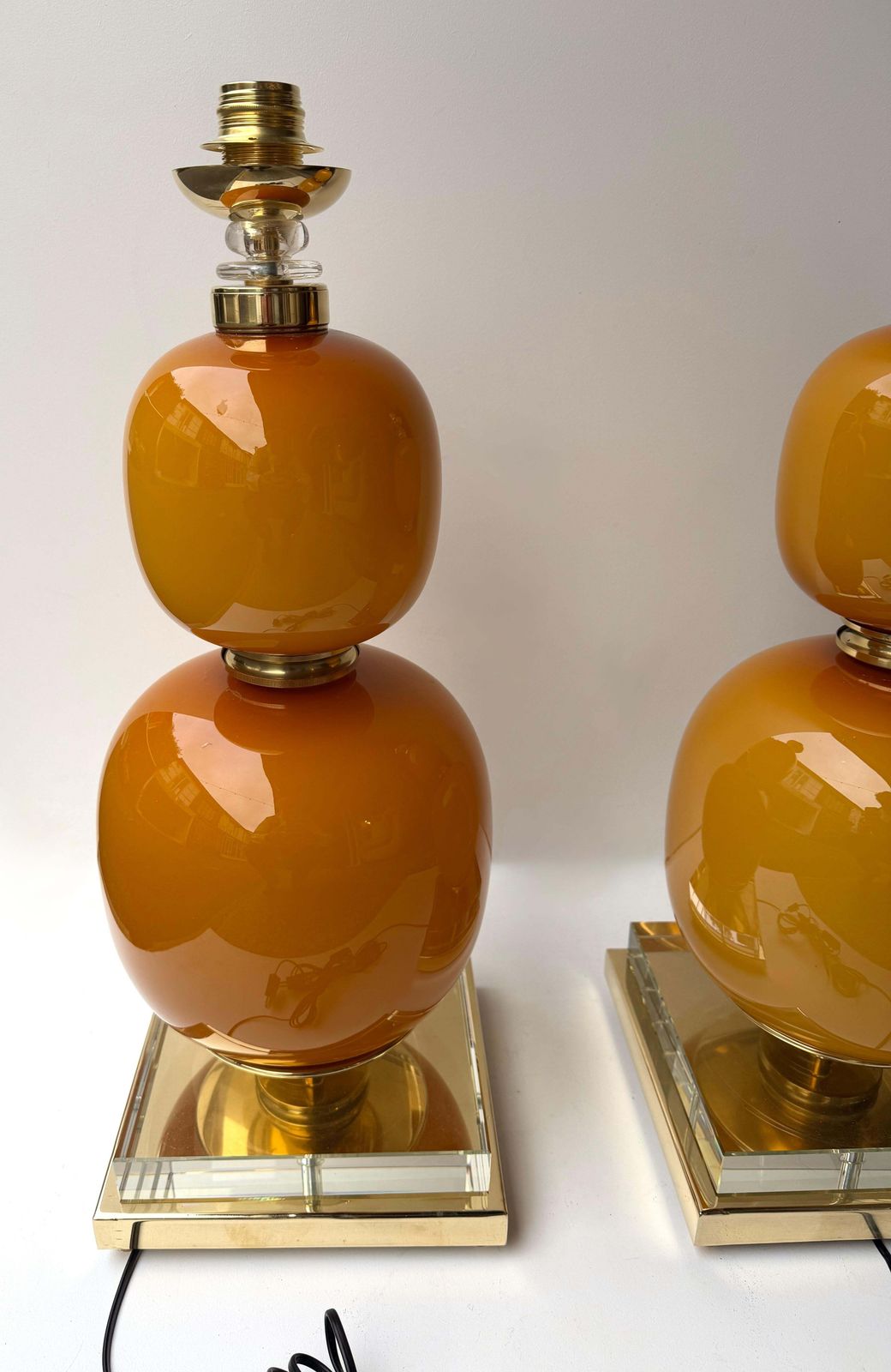 Contemporary Pair Of Brass And Orange Murano Glass Bulbs Lamps, Italy photo 4447.0