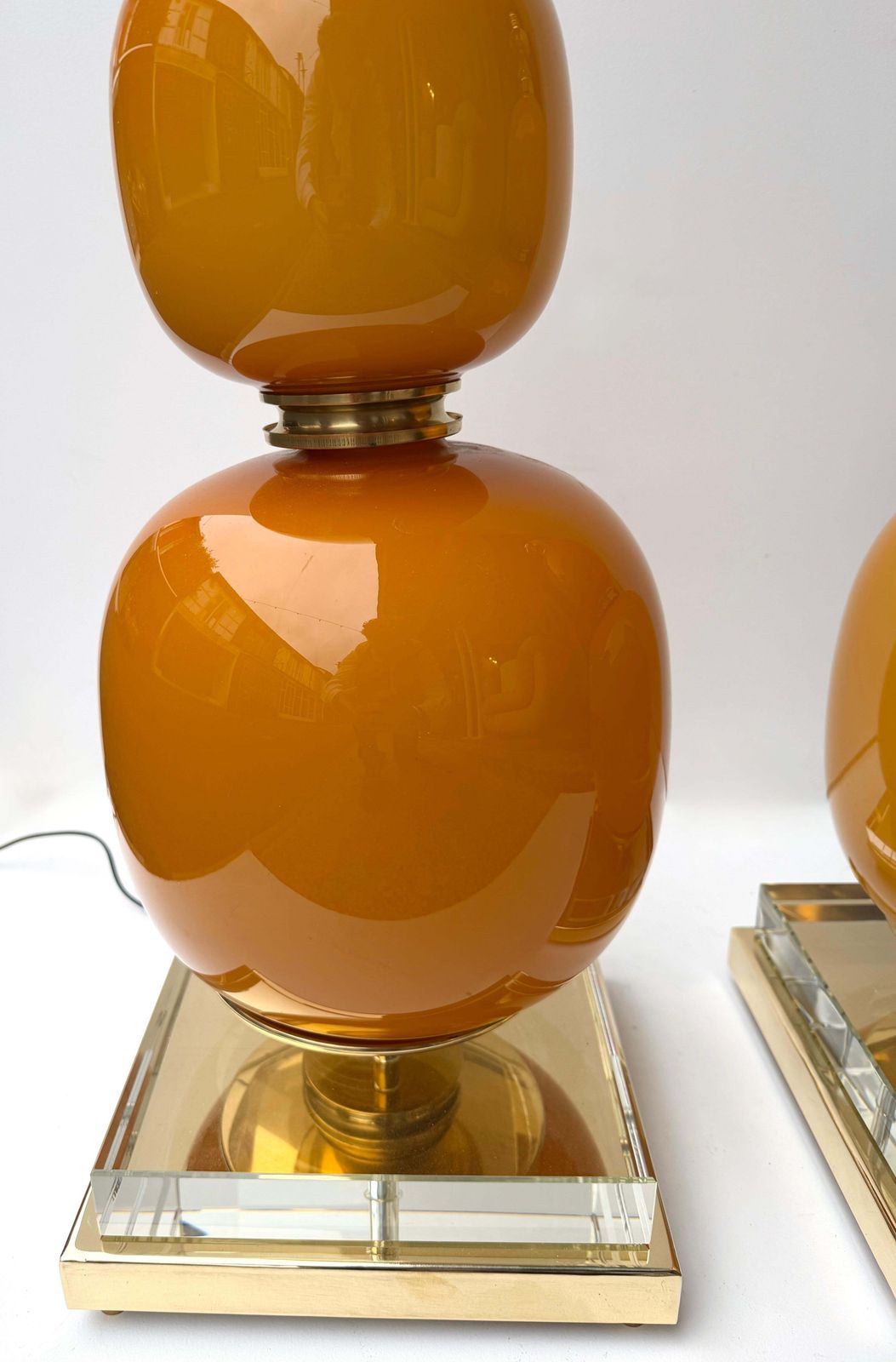 Contemporary Pair Of Brass And Orange Murano Glass Bulbs Lamps, Italy photo buy