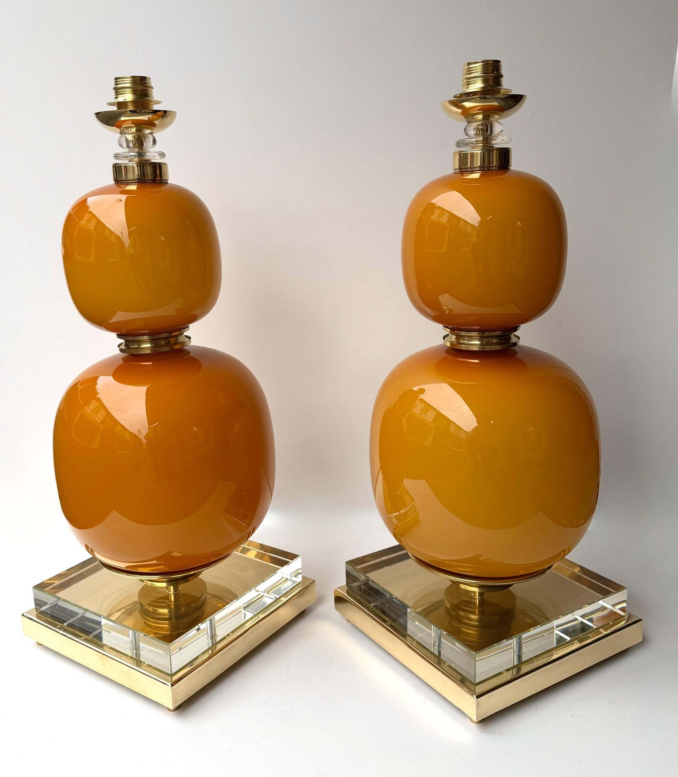 photo for sale Contemporary Pair Of Brass And Orange Murano Glass Bulbs Lamps, Italy