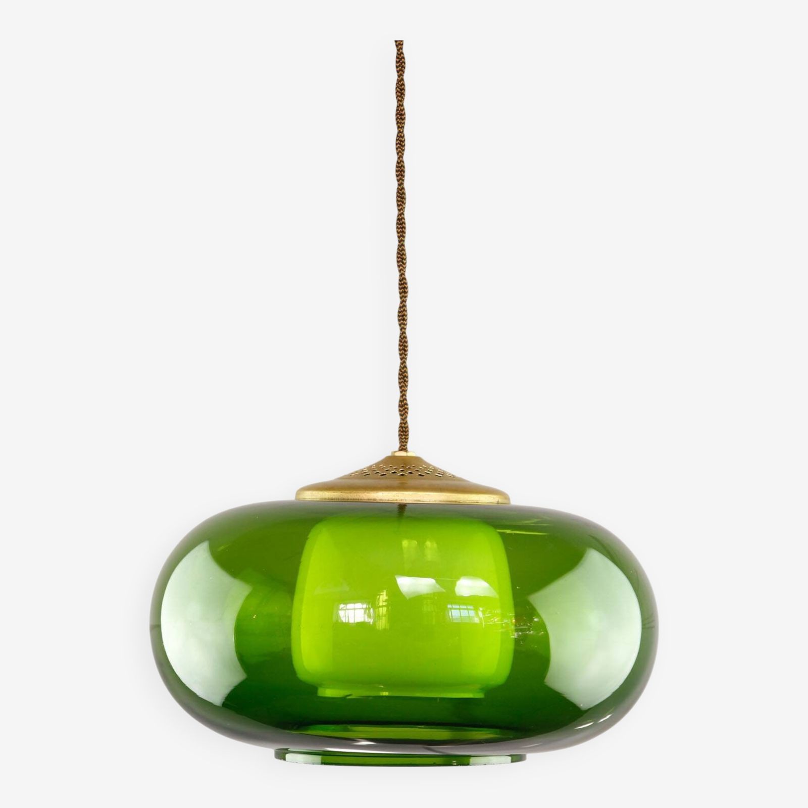 Mid Century Italian Green Glass & Brass Pendant Lamp, 60s