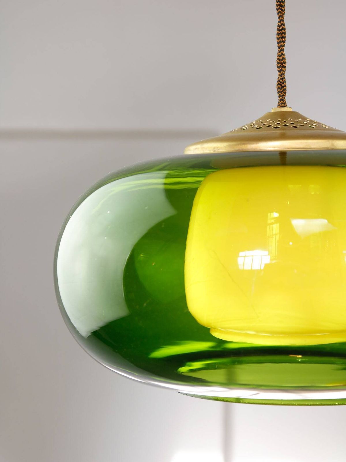Mid Century Italian Green Glass & Brass Pendant Lamp, 60s photo furniture