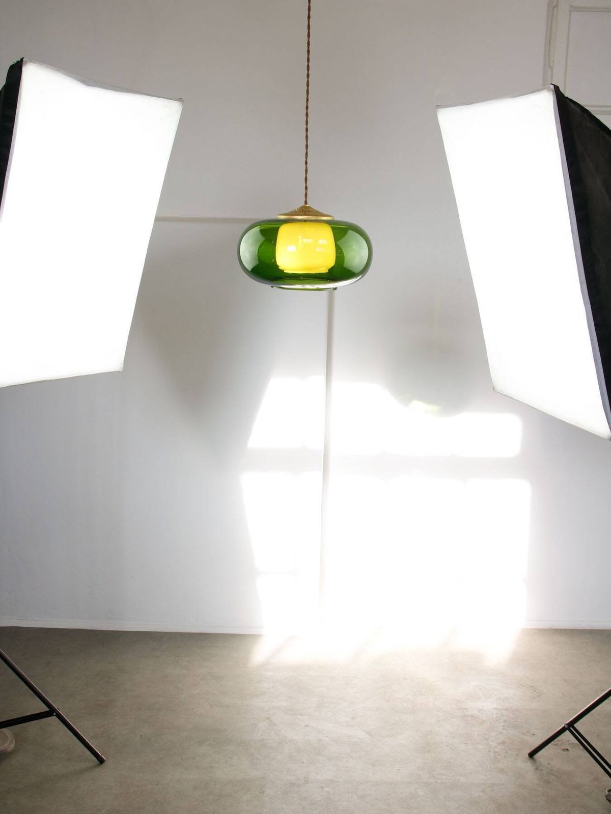 photo for sale Mid Century Italian Green Glass & Brass Pendant Lamp, 60s