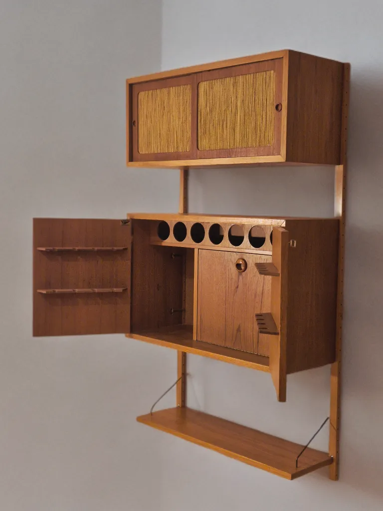 Wall Unit In Teak With Bar Cabinet, Scandinavian Mid Century 1960s