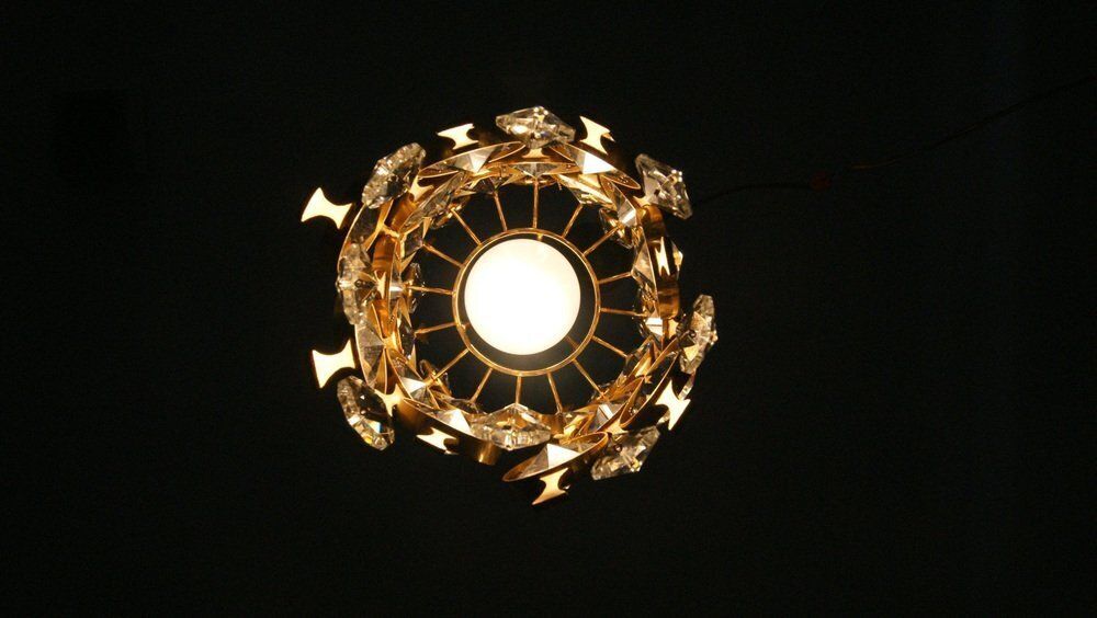 Hollywood Regency Brass & Crystal Glass Ceiling Lamp By Christoph Palme For Palwa photo vintage