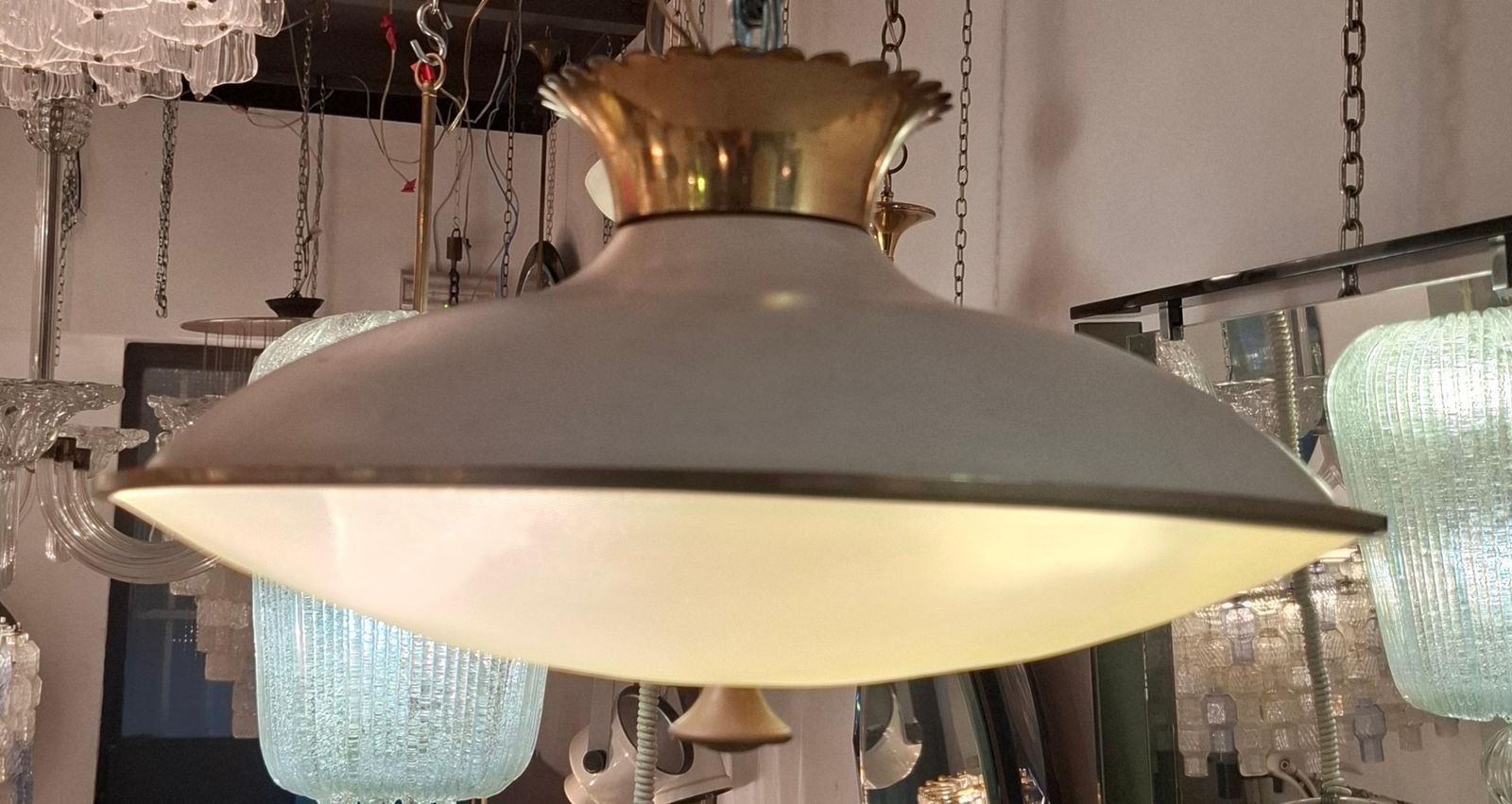 Fontana Arte Chandelier/Ceilling Light Brass Glass Metal, 1950, Italy photo buy