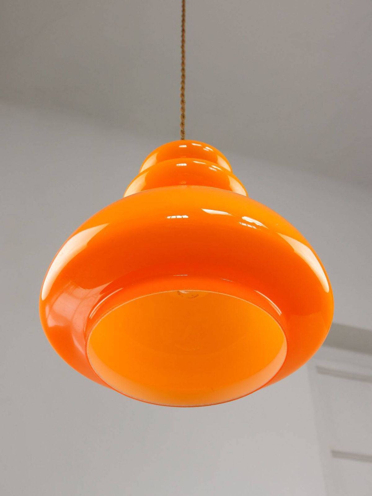 photo for sale Mid Century Italian Orange Glass & Brass Pendant Lamp, 60s