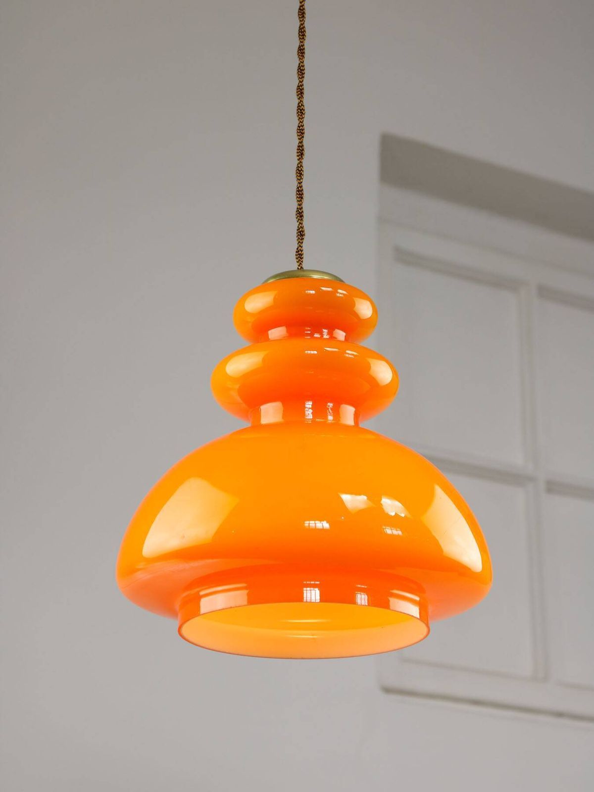 photo vinterior Mid Century Italian Orange Glass & Brass Pendant Lamp, 60s