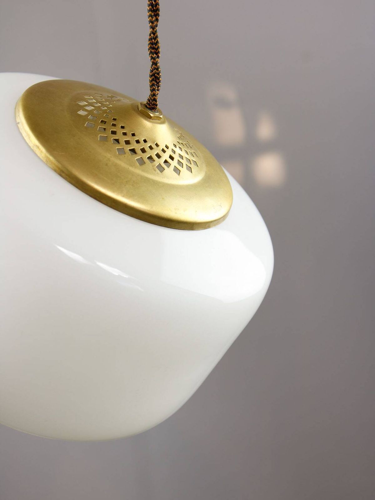 Mid Century Italian Opaline Glass & Brass Pendant Lamp, 60s photo for sale