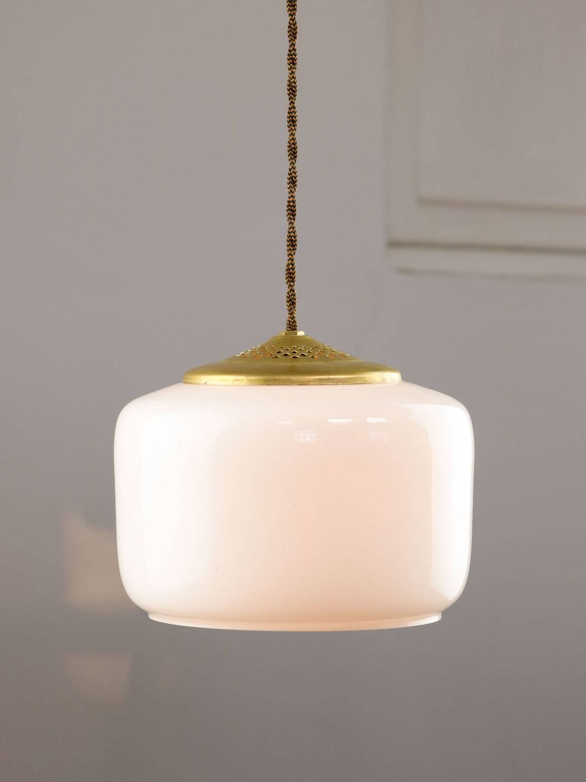 Mid Century Italian Opaline Glass & Brass Pendant Lamp, 60s photo Lighting