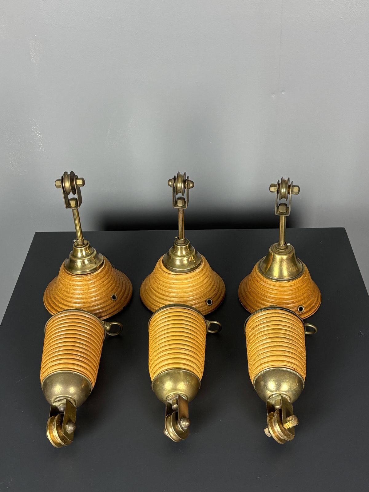 photo for sale Set Of 3 Midcentury Rattan Bamboo Pencil Reed Hanging Pendants, Italy 1970s
