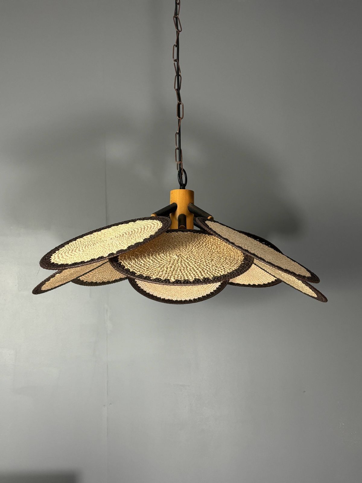 Midcentury Uchiwa Fan Macrame Fiber Rattan Hanging Pendant Lamp, 1970s photo buy