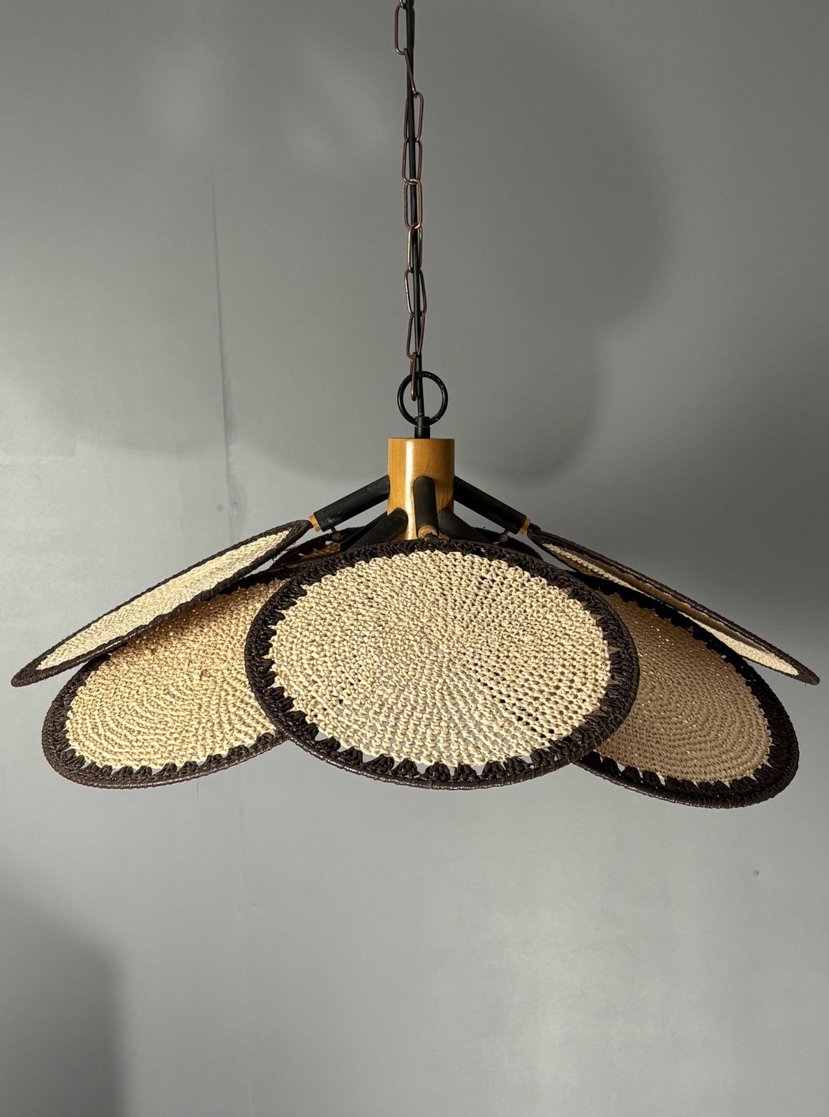 Midcentury Uchiwa Fan Macrame Fiber Rattan Hanging Pendant Lamp, 1970s photo vintage