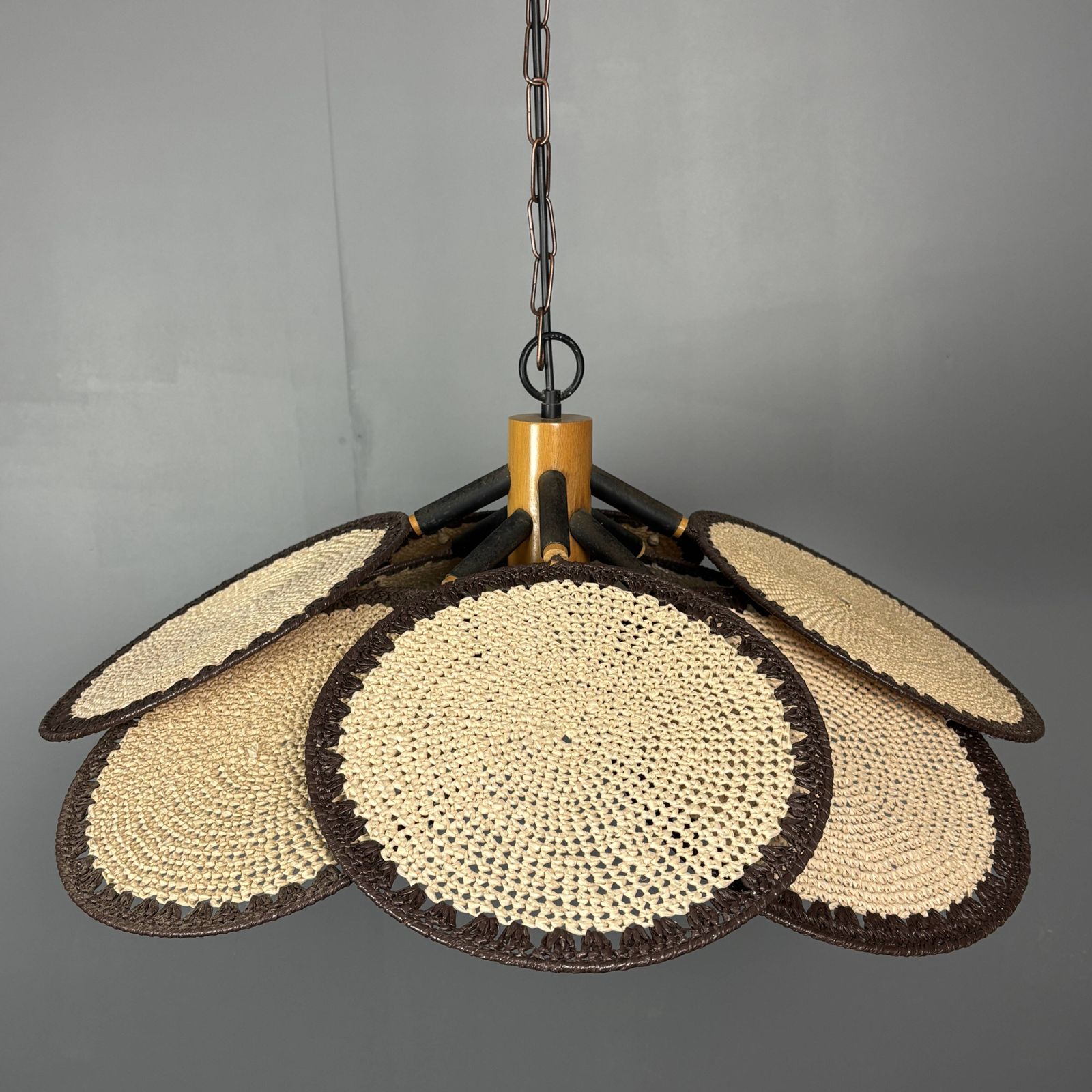 photo buy Midcentury Uchiwa Fan Macrame Fiber Rattan Hanging Pendant Lamp, 1970s