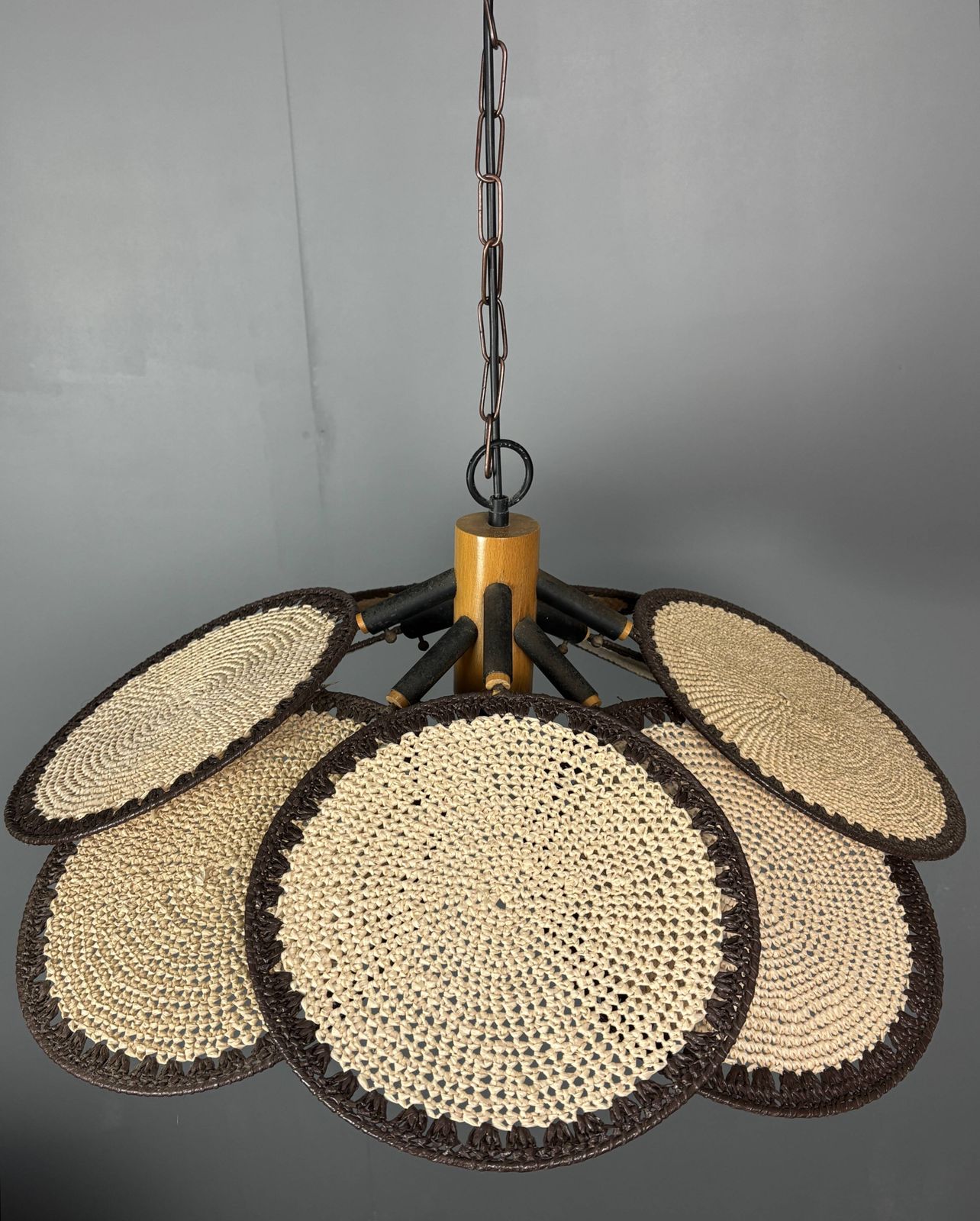 photo vintage Midcentury Uchiwa Fan Macrame Fiber Rattan Hanging Pendant Lamp, 1970s