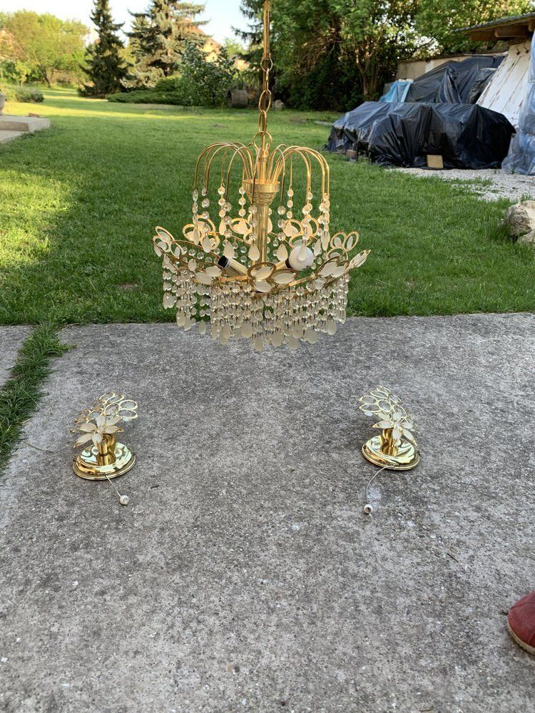 Lighting Mid Century Italian Brass And Glass Chandelier, 1960s, Set Of 3 photo