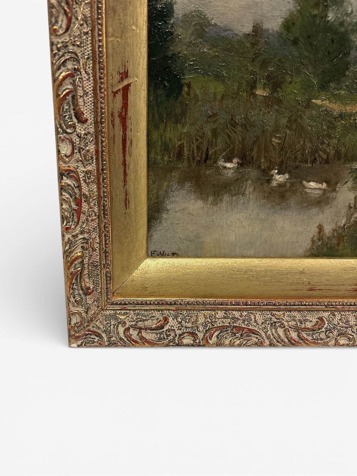 Oil Landscape Depicting Geese On A Pond By Frank Percy Wild 1930s photo furniture