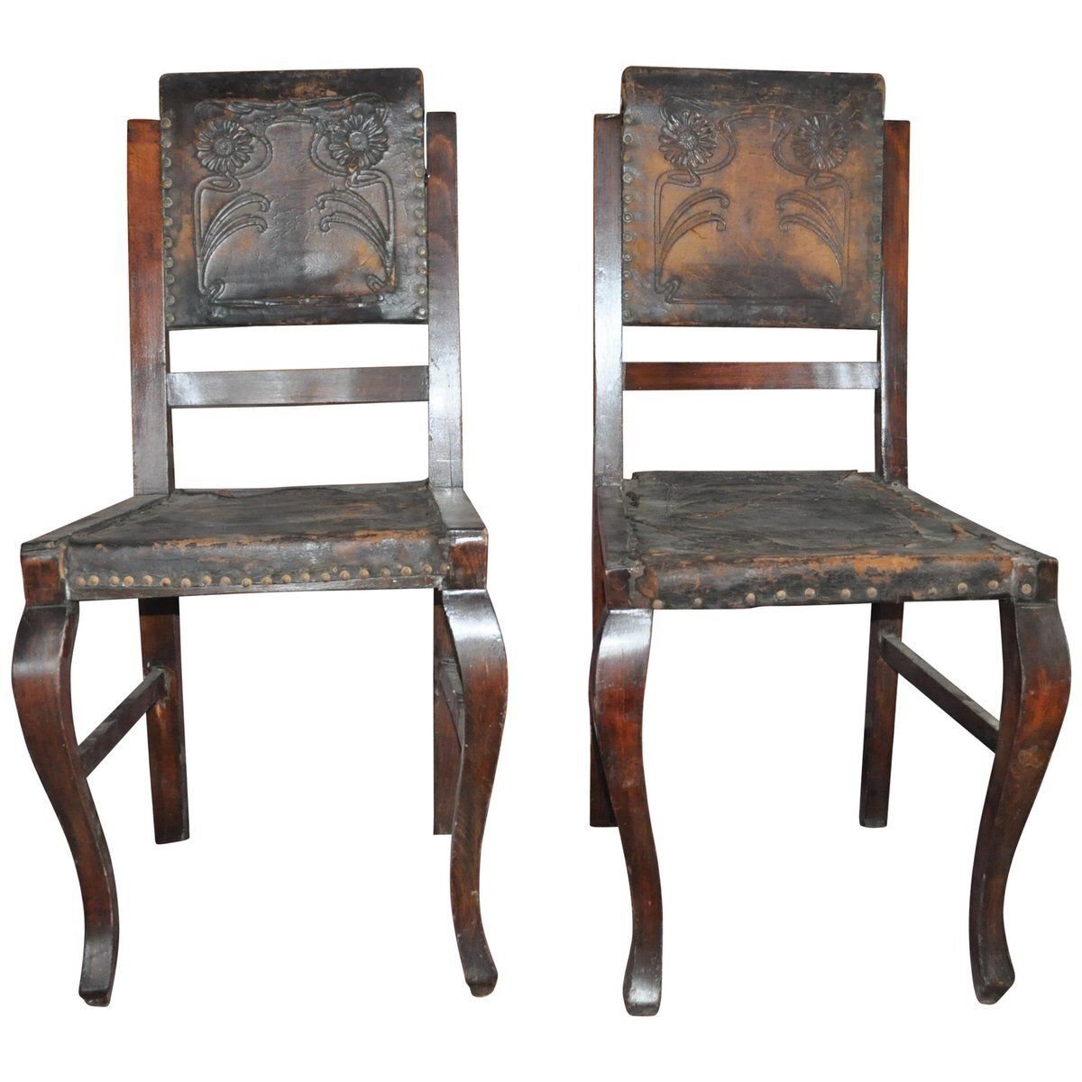 Set Of Antique Embossed Leather Dining Chairs, 1900s