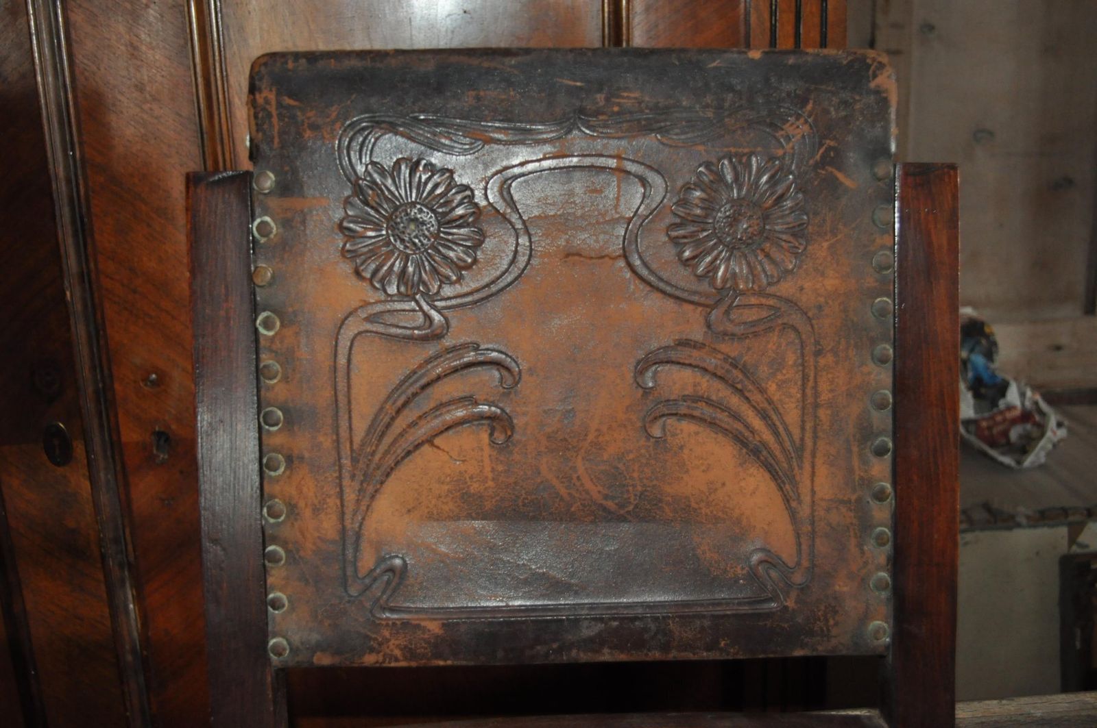 Set Of Antique Embossed Leather Dining Chairs, 1900s photo vintage